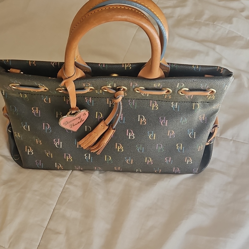 Dooney & Bourke Black Multicolor Monogram Satchel with Tan Leather Handles - Picture 2 of 7